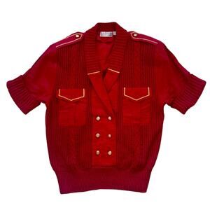 Vintage Claudia Barnes Chunky Knit V-Neck Sweater Size Large Red Gold
